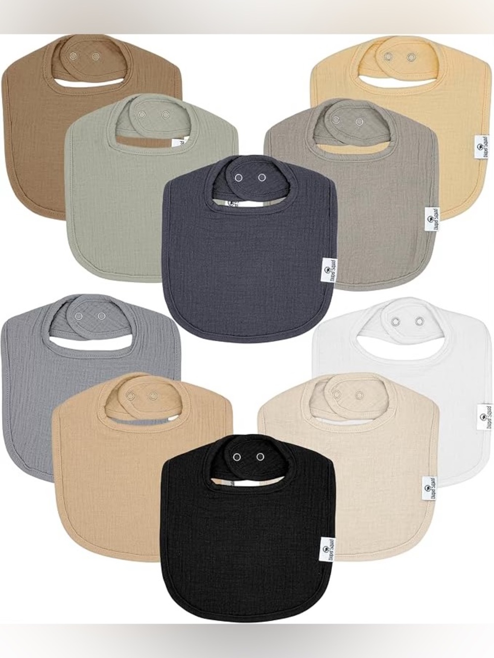 Diaper Squad 10 pack Neutral Muslin Square Organic Cotton Baby Drool Bibs Set